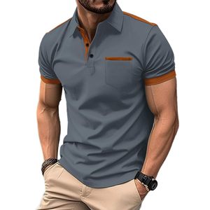 Polo pour homme bleu uni en maille à manches courtes avec poche, style décontracté color block, faible MOQ - Product Image 2
