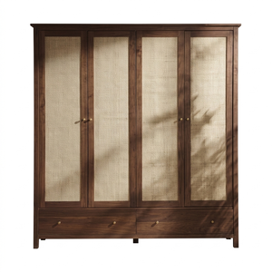 Armario Tradicional de Madera con Puertas de Ratán, Diseño de 4 Puertas Abatibles, Tiradores de Latón, 2 Cajones, Armario de Almacenamiento para Dormitorio - Product Image 3