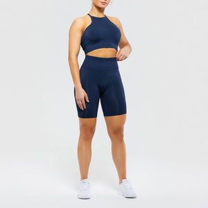 Women Seamless Halter Sports Bra Cut-Out Design High Support Yoga Wear Navy Blue Crew Neck Workout <b>Top</b> Front Logo <b>Plus</b> <b>Size</b> - Product Image 6