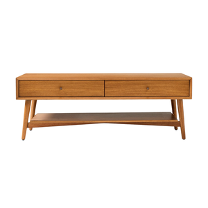 Premium Solid Teak <b>Coffee</b> <b>Table</b> Mid Century Modern Rectangular Design with Dual Drawers Open Storage and Tapered <b>Legs</b> - Product Image 1
