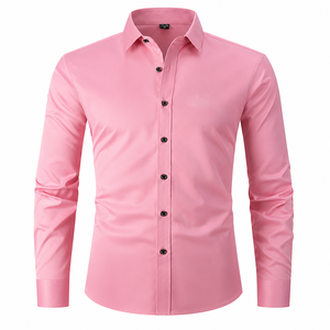 Chemise habillée rose unie à manches longues pour homme, col rabattu, style formel, en tissu popeline tissé - Product Image 4