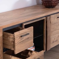 Meuble TV moderne Vandana Silver Sense 180 cm en acacia massif avec éclairage LED, niche et étagère en verre fantaisie pour salon et hôtel