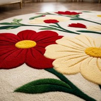Alfombra Redonda Floral, Alfombra de Lana con Diseño de Flores Rojas y Blancas, Alfombra Circular Botánica para Decoración de Sala de Estar, Dormitorio, Estilo Rústico