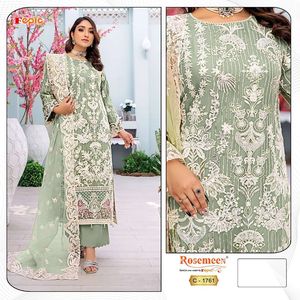 "Elegante ropa de invierno: Organza bordada con perlas y red Dupatta Shalwar Kameez con interior Santoon." - Product Image 2
