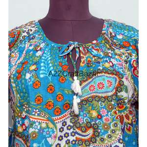 Robes décontractées pour femmes, 100% coton, faites à la main, style bureau, mini, manches longues, col rond, imprimé floral, modernes, amples, écologiques, printemps - Product Image 3