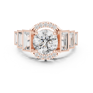 Impresionante Anillo de Compromiso con Media Halo de Diamantes Moissanite de Corte Redondo, Detalles en Baguette, Chapado en Oro Rosa sobre Plata, Joyería para Propuesta - Product Image 1