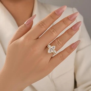 925 Moissanite Marquise Cut Hidden Halo Engagement <b>Ring</b> with Pear Cut <b>Open</b> Wedding Band in Yellow & White Gold Plated for Women - Product Image 3