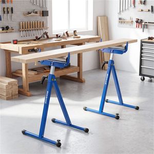 Set di 2 Supporti Pieghevoli in Metallo Blu per Falegnameria, con Guide per Bordi, Banco di Supporto Portatile per Lavorazione del Legno - Product Image 2