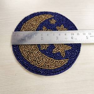 Handmade Beaded Moon Star Coaster Blue Gold Round Bar Mat Classic Style Reusable <b>Drinkware</b> <b>Accessory</b> - Product Image 2