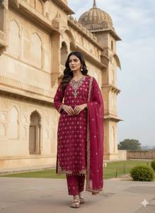 Elegant Fully Stitched GMY <b>Silk</b> <b>Kurta</b> Palazzo Set with Embroidery Work for Women - Product Image 3