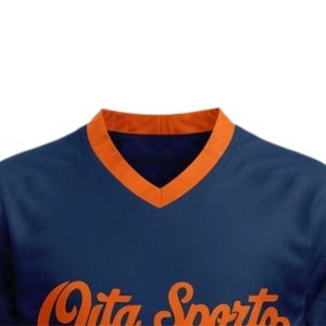 Maillot de hockey sur glace sublimé pour hommes, bleu marine et orange, col en V, rayé, en polyester, pour l'entraînement et les matchs, uniforme d'équipe - Product Image 3