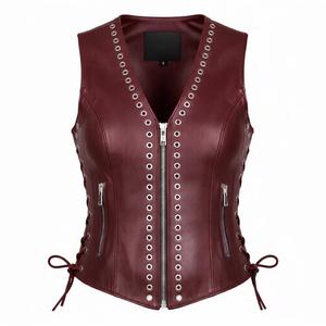 Women's Genuine <b>Leather</b> Motorcycle Vest Stylish V-Neck Biker Outerwear <b>Sleeveless</b> Zipper Closure Waterproof Windproof Fashion - Product Image 1
