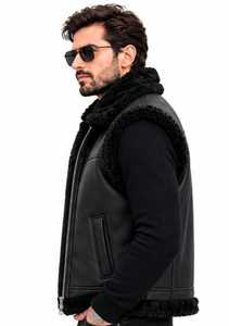 <b>Men's</b> Black <b>Leather</b> Sherpa Lined Vest Zip fur turn down caller <b>Waistcoat</b> Windproof - Product Image 5