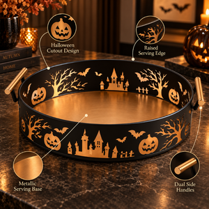 Plateau de service rond d'Halloween avec poignées |   Plateau en métal noir et or avec découpe en forme de citrouille, chauve-souris et château pour bonbons, snacks et fêtes - Product Image 2