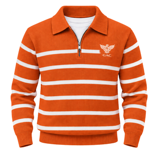 Suéter de punto para hombre, naranja y blanco a rayas, con media cremallera, manga larga, cuello tipo polo, puños acanalados, frontal estándar, de lana, venta al por mayor, personalizado - Product Image 1