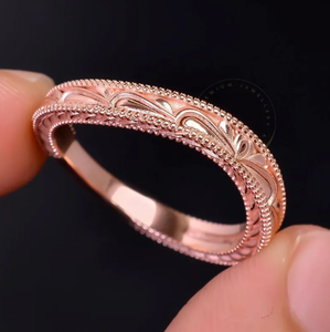 Bague en cuivre pur vintage à motif floral en spirale, surface perlée à motif de feuilles, bague à bord plat en cuivre massif - Product Image 2