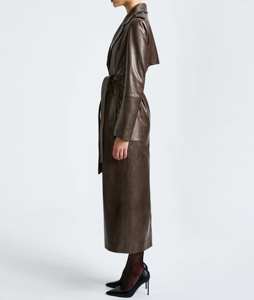 Elegant Genuine Leather Trench <b>Coat</b> Long Length Stand Collar Full Sleeve Zipper Windproof <b>Winter</b> Unisex <b>Thick</b> Outerwear - Product Image 4