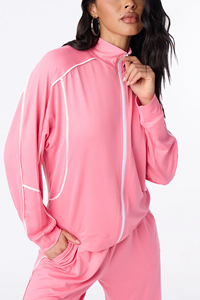 Women's Pink Tracksuit Set Full <b>Zip</b> Hoodie line piping contrast tracksuit french terry fabric tracksuit slim fit women tracksuit - Product Image 2