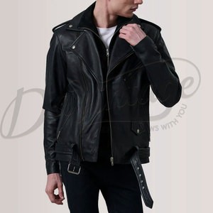 Veste de motard en cuir noir pour homme, classique, double fermeture éclair, en véritable peau de mouton, coupe ajustée, automne-hiver, avec ceinture - Product Image 2