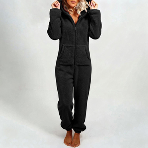 Pijama enterizo con capucha para mujer, de manga larga, color liso, de forro polar tejido, con cremallera, ropa cómoda para estar en casa, ropa de invierno - Product Image 1