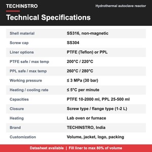 Reactor de Autoclave para Carbonización Hidrotermal con Revestimiento de PTFE o PPL, Acero Inoxidable 316, para Síntesis de Puntos de Carbono y Biocarbón, de 25ml a 2000ml - Product Image 3