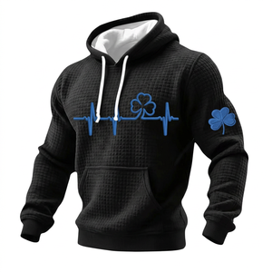 เสื้อฮู้ดดี้สีน้ำเงินลายวาฟเฟิลสำหรับผู้ชาย พร้อมลาย Clover ECG ปักนูนด้านหน้าและแขนเสื้อ สวมใส่สบายๆ ในฤดูใบไม้ร่วง - Product Image 5