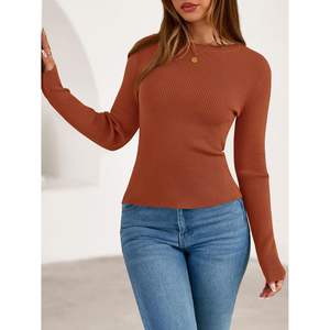 Camiseta de Punto Acanalado de Manga Larga para Mujer, Estilo Informal, Ajustada, Linda, Ropa Básica de Otoño con Patrón Sólido - Product Image 2