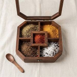 Natural Wooden Spice <b>Box</b> Multipurpose Wooden Spice Storage <b>Box</b> with Sectioned Interior for Masala <b>Herbs</b> Seasonings Kitchen spice - Product Image 2