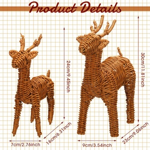 Ensemble de figurines de rennes en rotin tissé à la main |   Décoration de table en osier rustique en forme de cerf |   Artisanat de Noël - Product Image 3