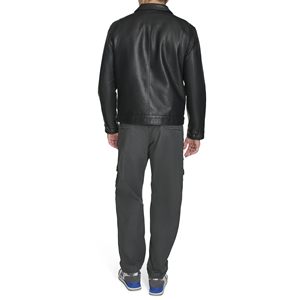 Veste moto en cuir véritable noir pour homme, col rabattu, fermeture éclair, coupe classique, style automne - Product Image 2