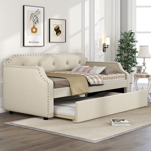 Divano Letto Singolo Beige Imbottito con Letto Estraibile e Struttura in Legno a Doghe - Product Image 3