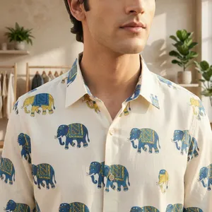 Men's Short Sleeve Cotton Casual <b>Shirt</b> With Elephant Print Turn-down Collar Summer Breathable cotton Fabric - Product Image 3