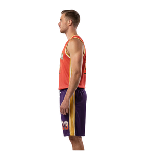 Ensemble d'uniformes de basketball personnalisés pour hommes, orange et violet, maillot sans manches à col rond, short, bordure dorée, numéros d'équipe, kit sportif en gros - Product Image 5
