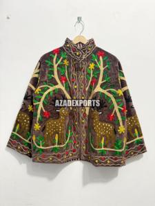 Hand Embroidered <b>Velvet</b> <b>Jacket</b> With Deer And Tree Pattern Mandarin Collar Full Sleeve Women's Winter Coat - Product Image 1