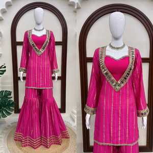 <b>Pink</b> Gold Zari Mirror Work Floor-Length Regular Fit Sharara Set with Fancy <b>Lace</b> <b>Top</b> for Indian Wedding Party Wear - Product Image 3