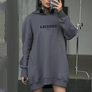 Vestido Sudadera con Capucha Oversize para Mujer OEM ODM, Estampado de Letras, Manga Larga Asimétrica, Tejido Transpirable de Algodón, Ropa de Otoño - Product Image 3