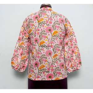 Hauts d'extérieur pour femmes - Design floral vintage coréen 100% coton écologique respirant à manches bouffantes col en V moderne toutes saisons - Product Image 6