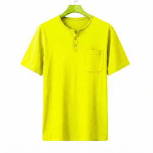 Men's Lime Green Short Sleeve <b>Henley</b> T-<b>Shirt</b> Regular Fit Cotton Casual Solid Color Pocket Front Breathable Knitted Fabric - Product Image 4