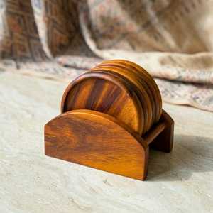 Handcrafted Brown Acacia Coaster Set | Quiet Luxury Sculptural <b>Desk</b> Decor | Japandi Functional Art Executive Gift For Table Deco - Product Image 3