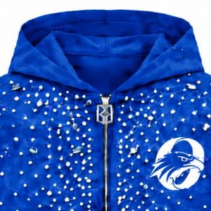Royal Blue Pearl <b>Full</b> <b>Zip</b> Hoodie Crystal Studded Streetwear Jacket Long Sleeve Hooded <b>Sweatshirt</b> With Front Pockets - Product Image 3