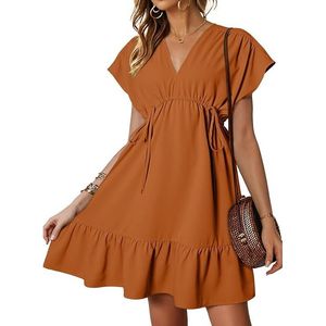 Abito Mini Casual da Donna Taglia Media, Arancione, con Scollo a V, Volant, Maniche Corte, Coulisse e Gonna Fluida a Trapezio per Uso Quotidiano - Product Image 2