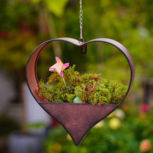 Maceta Colgante de Metal en Forma de Corazón con Cadena |   Portaflores Decorativo Rústico con Acabado Rosa Antiguo para Jardín o Balcón - Product Image 1