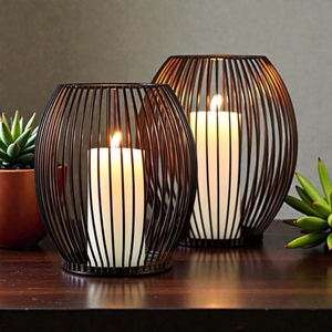 Iron Candle <b>Lanterns</b> <b>Set</b> of 2 Heat Resistant Home Decoration Votive Holders Modern Wire Design - Product Image 2