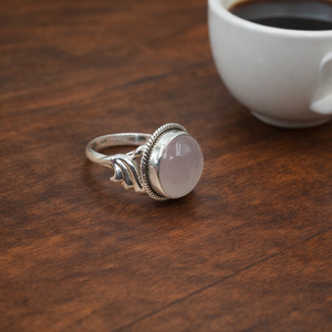 Natural 925 Sterling Silver Rose Quartz <b>Ring</b> Handmade Boho Vintage Style Round Cabochon Healing <b>Crystal</b> Women Jewelry for Unisex - Product Image 5