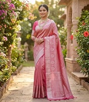 Saris indiens élégants en soie pour femmes, Banarasi Kancheepuram, motif floral rose turc, bordure Zari, 6,5 m, pour fêtes, mariages, tenues ethniques de mariée