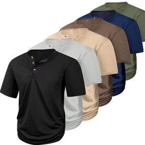 เสื้อยืดเฮนลีย์แขนสั้นสีเบจสำหรับผู้ชาย ทรงปกติ สีพื้น ผ้าถักลำลอง คอทรงโอ ดีไซน์แบบกำหนดเอง โลโก้แบบกำหนดเอง - Product Image 6
