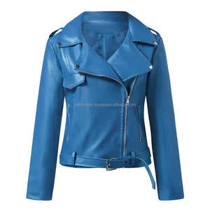 Bleu cuir respirant motard femmes vestes asymétrique fermeture éclair revers col à manches longues ceinturé Slim Fit manteau Viscose doublure - Product Image 1