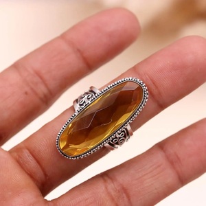 Vintage <b>925</b> <b>Silver</b> Cocktail <b>Ring</b> With Oval Cut Yellow Topaz Bezel Setting Women's Statement Jewelry - Product Image 3