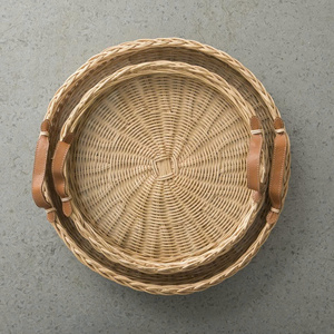 Round Rattan Decorative <b>Trays</b> Set Of 2 With Leather Handles Rustic Style <b>Plant</b> Fiber Handcrafted Storage Display <b>Tray</b> - Product Image 3