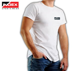 เสื้อยืดแขนสั้นคอกลมสีขาวทรงเข้ารูปสำหรับผู้ชาย ยี่ห้อ INDEX SPORTS WEAR ผลิตจากผ้าคอตตอนเจอร์ซีย์ ระบายอากาศได้ดี พิมพ์ลายโลโก้ด้านหน้า สไตล์ลำลอง - Product Image 1